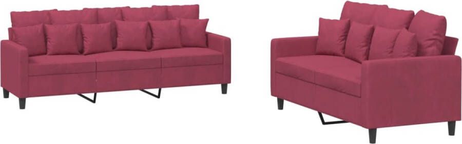 The Living Store 2-delige Loungeset met kussens fluweel wijnrood Loungeset Fluweel Sofa Rode Bank Bankstel Woonkamer Meubilair - Foto 2