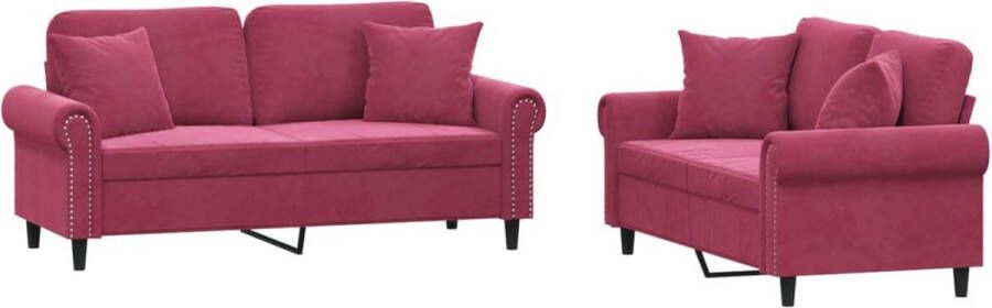 The Living Store 2-delige Loungeset met kussens fluweel wijnrood Loungeset Fluweel Sofa Lounge Set Bankstel 2 Persoons Bank - Foto 2