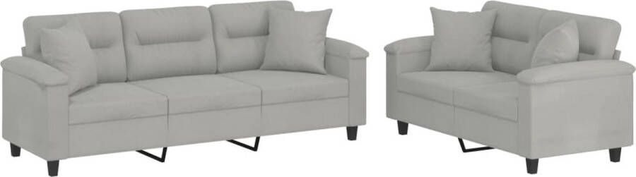 The Living Store 2-delige Loungeset met kussens microvezelstof lichtgrijs Loungebank Tweezitsbank Driezitsbank Grijs Meubilair Bankstel - Foto 2