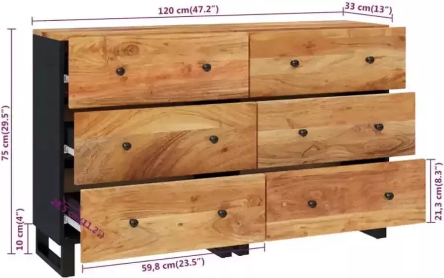 VidaXL Dressoirs 2 st 60x33x75 cm massief acaciahout - Foto 3