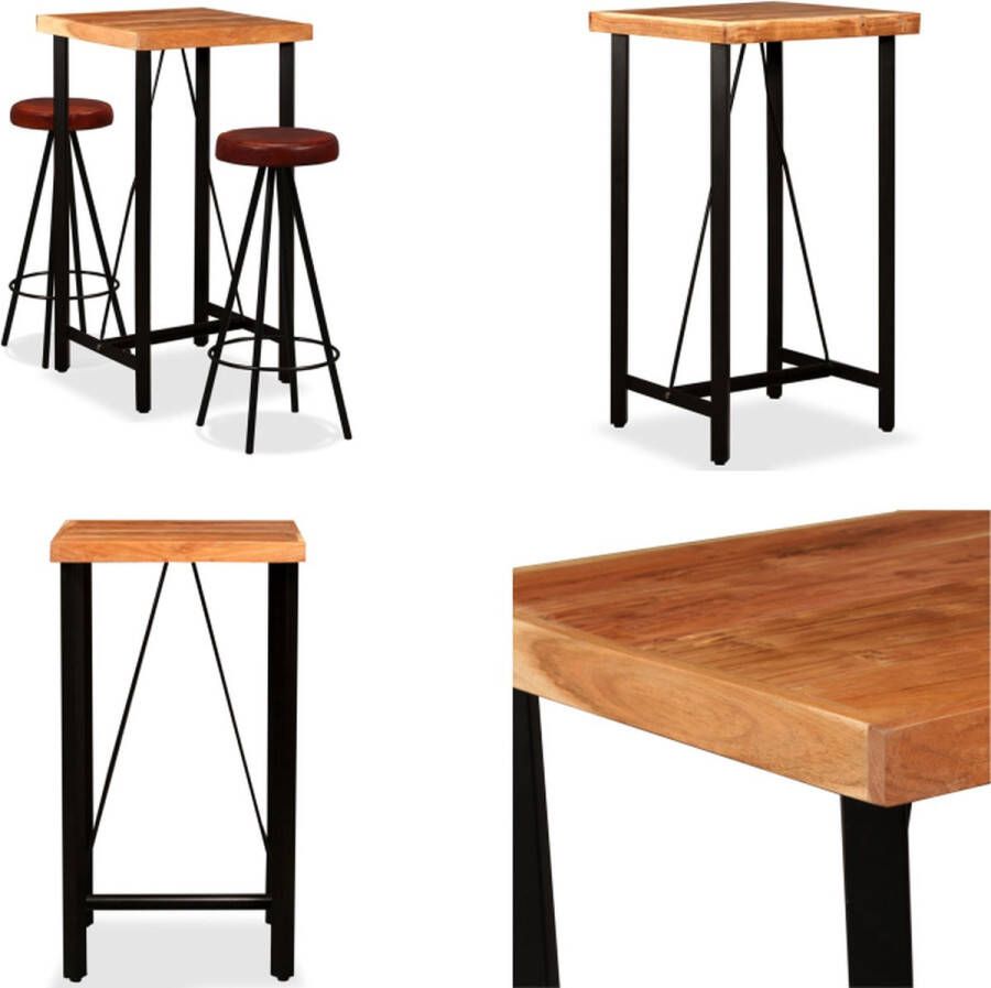 VidaXL 3-delige Barset massief acaciahout en echt leer Bar Set Bar Sets Bar Tafel En Kruk Bar Tafels En Krukken