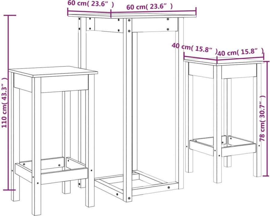 VidaXL -3-delige-Barset-massief-grenenhout-honingbruin - Foto 3