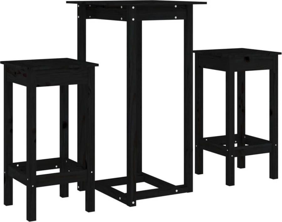 VidaXL 3-delige Barset massief hout zwart Bartafel Houten Bartafel Barset Bistrotafel Eten Tafelen Ontbijttafel Klein Terras Buitenruimte Tuinmeubilair
