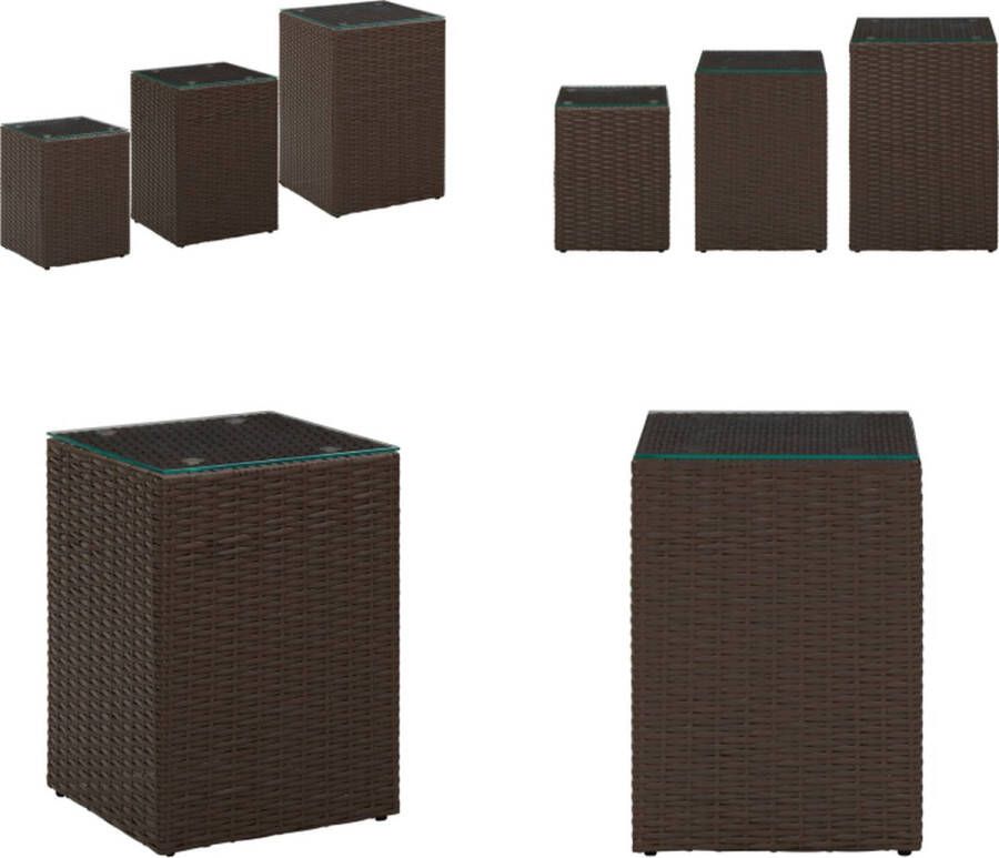VidaXL 3-delige Bijzettafelset met glazen blad poly rattan bruin Salontafel Salontafels Salon Tafel Salon Tafels