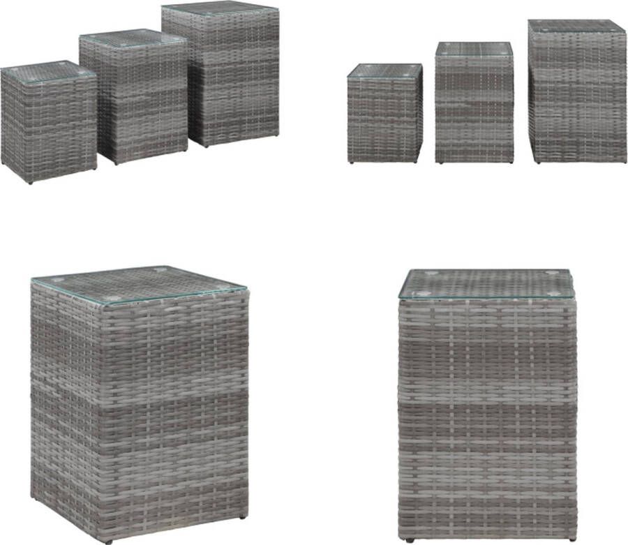 VidaXL 3-delige Bijzettafelset met glazen blad poly rattan grijs Salontafel Salontafels Salon Tafel Salon Tafels