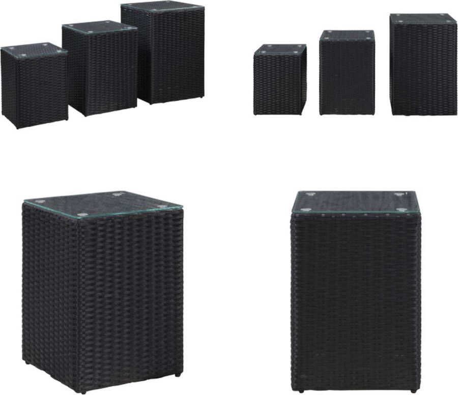 VidaXL 3-delige Bijzettafelset met glazen blad poly rattan zwart Salontafel Salontafels Salon Tafel Salon Tafels