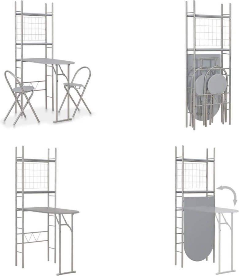 VidaXL 3-delige Eethoek inklapbaar met opbergrek MDF en staal grijs Eetset Eetsets Eethoek Eethoeken