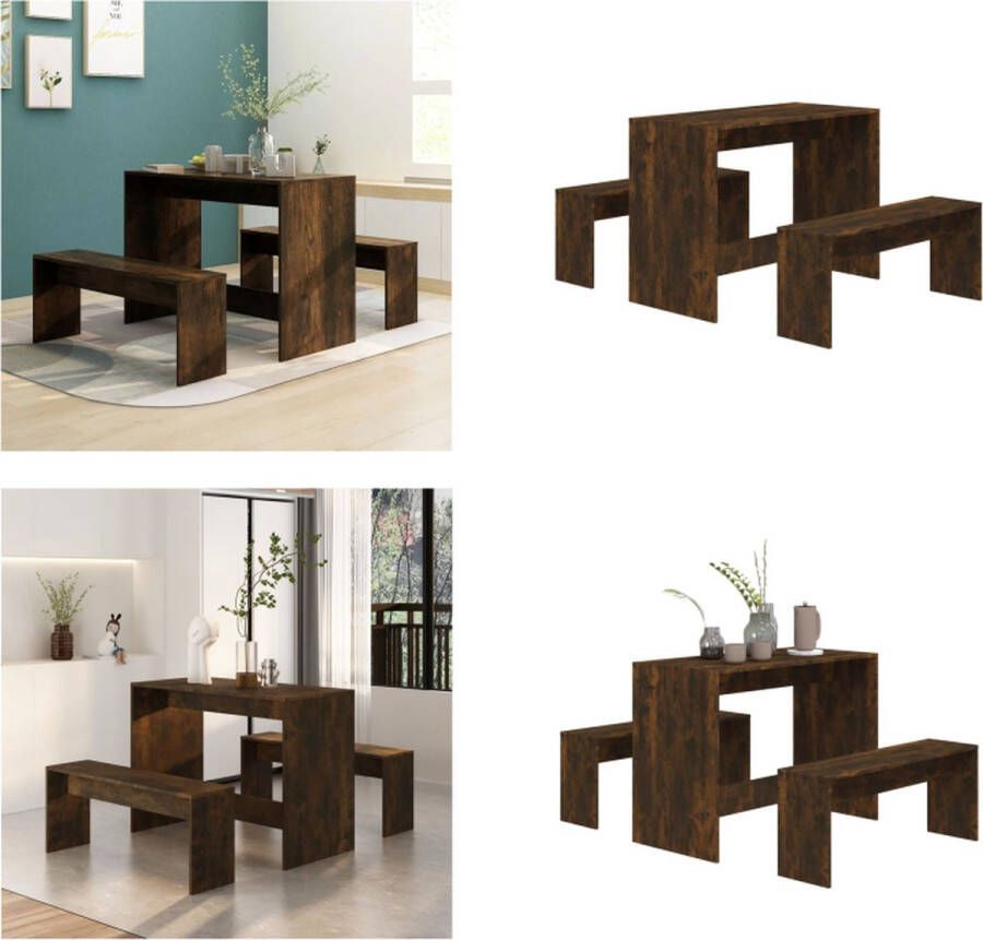 VidaXL 3-delige Eethoekset bewerkt hout gerookt eikenkleurig Eethoek Eethoeken Eetset Eetmeubelset