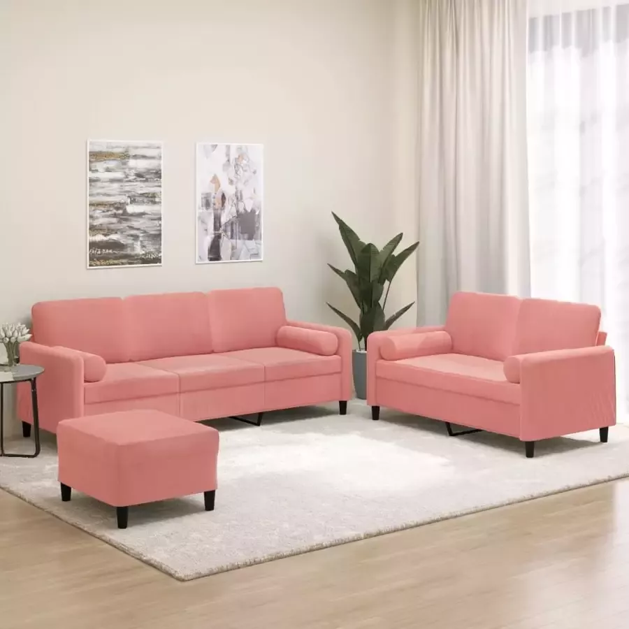 VIDAXL 3-delige Loungeset met sierkussens en kussens fluweel roze - Foto 1