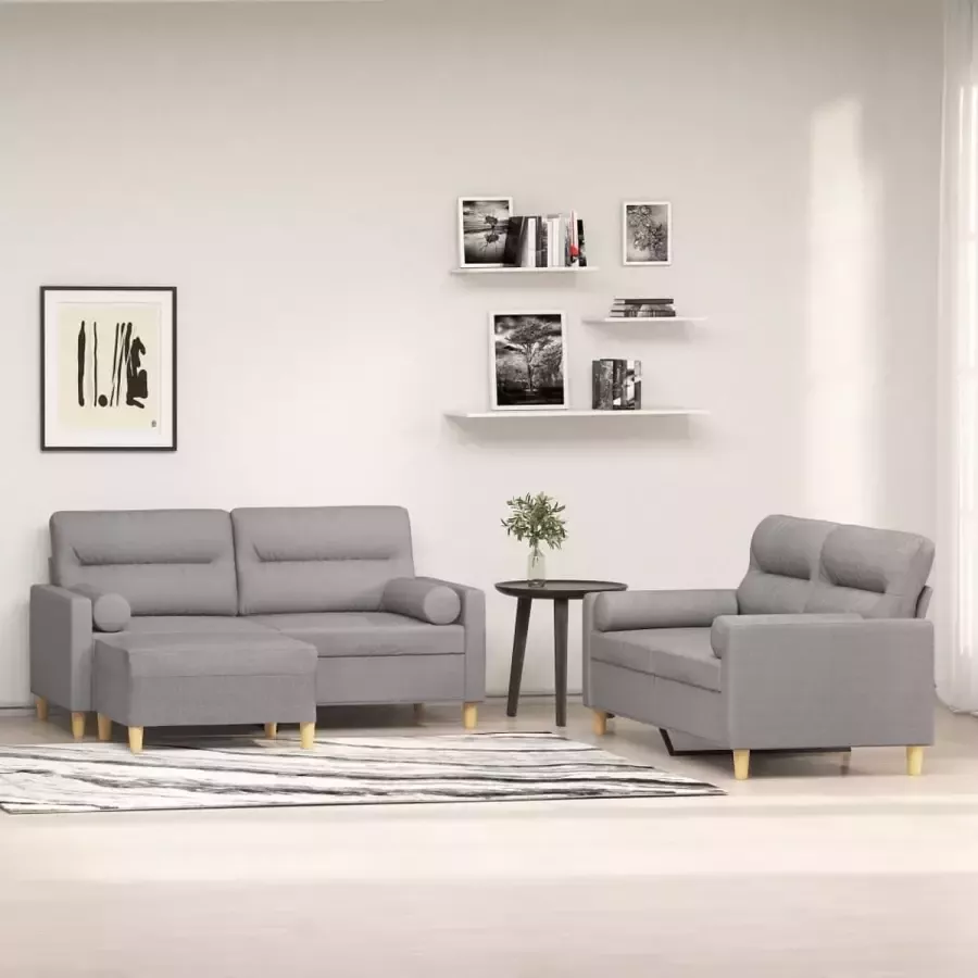 VidaXL 3-delige Loungeset met sierkussens en kussens stof lichtgrijs