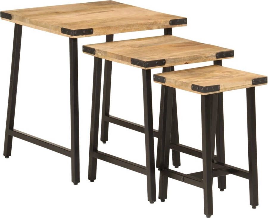 The Living Store 3-delige Salontafelset massief mangohout en ijzer Salontafel Mangohouten Salontafel Nestkasten Koffietafel Multifunctioneel