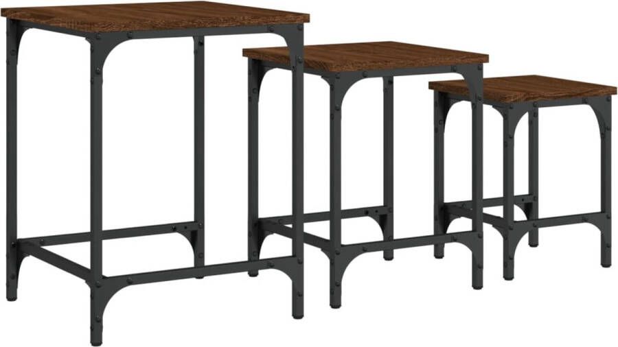 The Living Store 3-delige Tafeltjesset bewerkt hout bruin eikenkleur Salontafel Set Industrieel Houten Salontafel Bijzettafel Multifunctionele Tafel