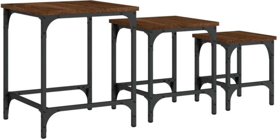 The Living Store 3-delige Tafeltjesset bewerkt hout bruin eikenkleur Salontafel Bijzettafel Industrieel Houten Salontafel Multifunctionele Salontafel - Foto 2
