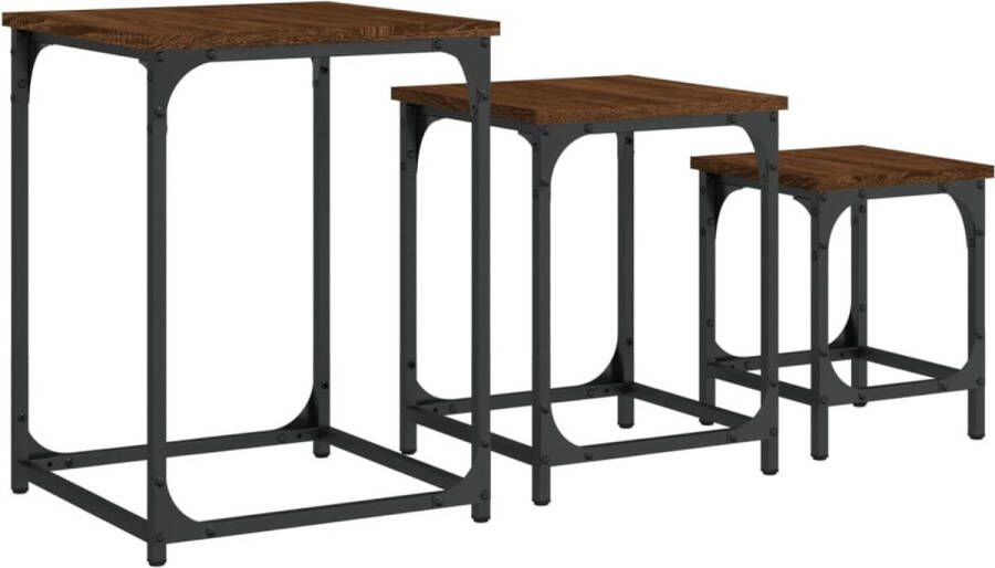 The Living Store 3-delige Tafeltjesset bewerkt hout bruin eikenkleur Salontafel Industrieel Houten Salontafel Bijzettafel Nesting Tables