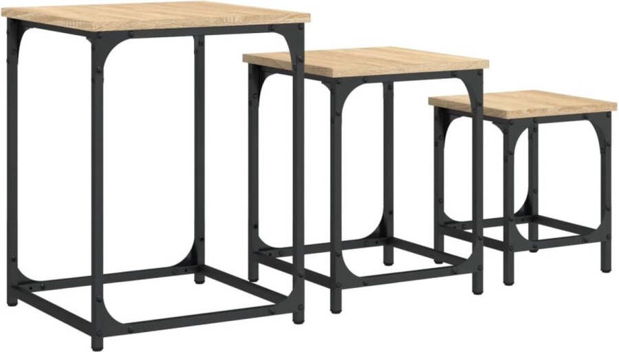 The Living Store 3-delige Tafeltjesset bewerkt hout sonoma eikenkleurig Salontafel Set Industrieel Design Houten Salontafel Bijzettafel Multifunctionele Tafel