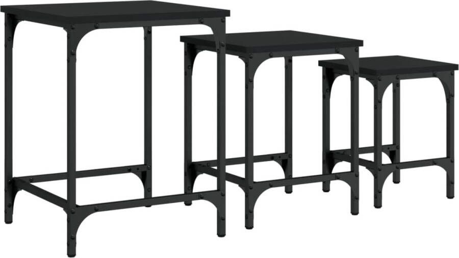 The Living Store 3-delige Tafeltjesset bewerkt hout zwart Salontafelset Industrieel Design Houten Salontafel Metalen Frame Multifunctioneel