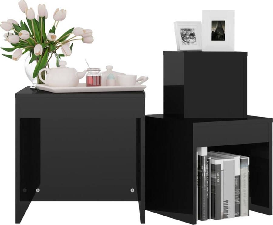 VidaXL -3-delige-Tafeltjesset-spaanplaat-hoogglans-zwart - Foto 2