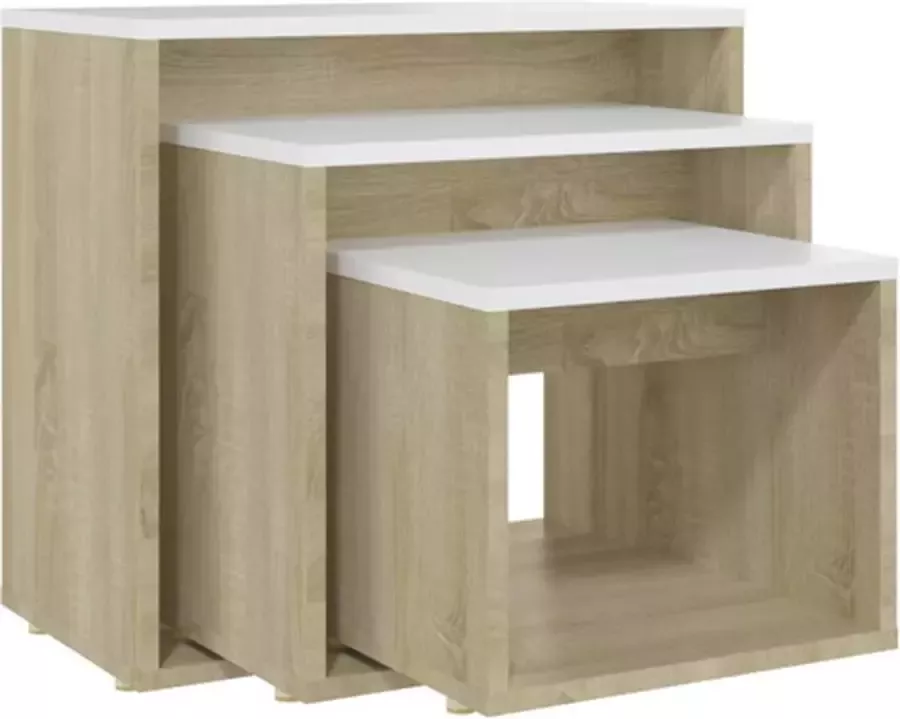 VidaXL 3-delige Tafeltjesset spaanplaat wit en sonoma eikenkleurig - Foto 2