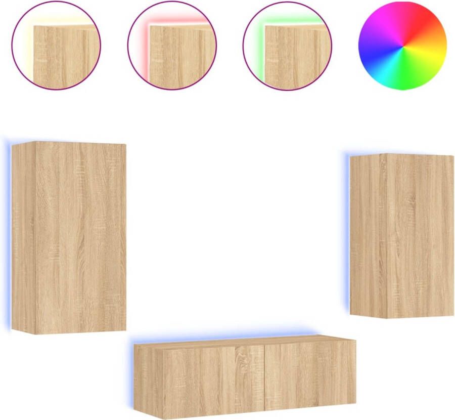 VidaXL Tv-wandmeubelset 3-delig Sonoma eiken Tv-kast Tv-meubel Wandmontage Led Verlichting Sonoma Eiken