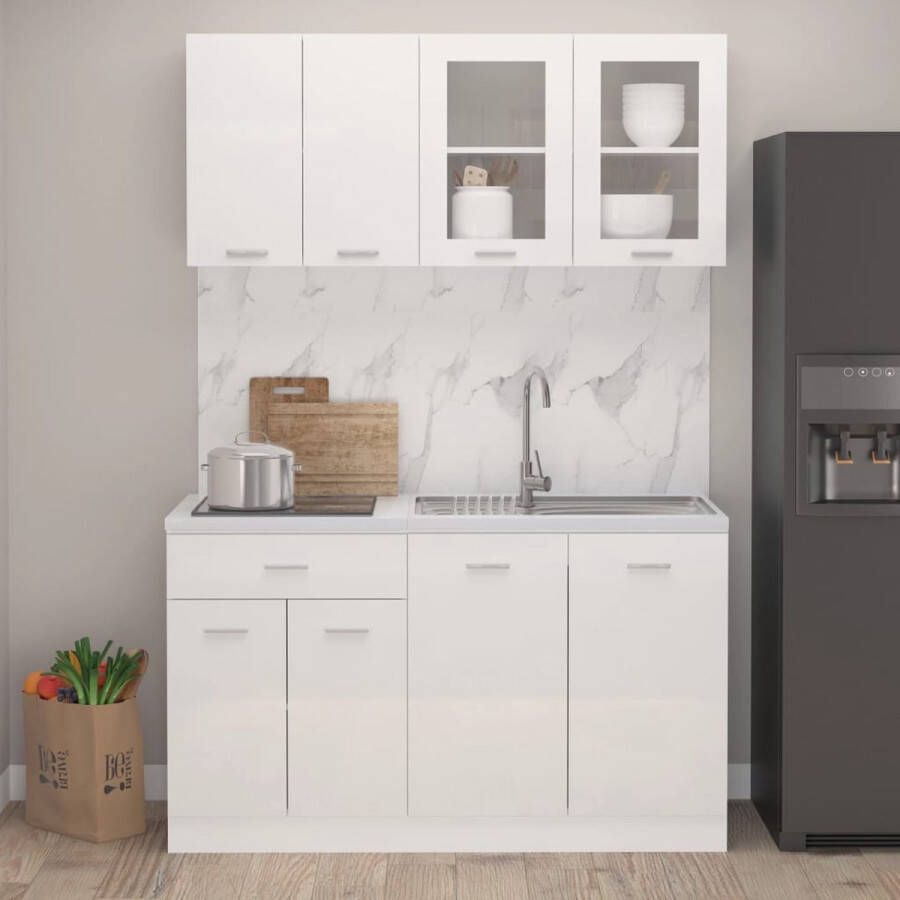 Vida XL vidaXL 4-delige Keukenkastenset bewerkt hout hoogglans wit-VXL-3067660