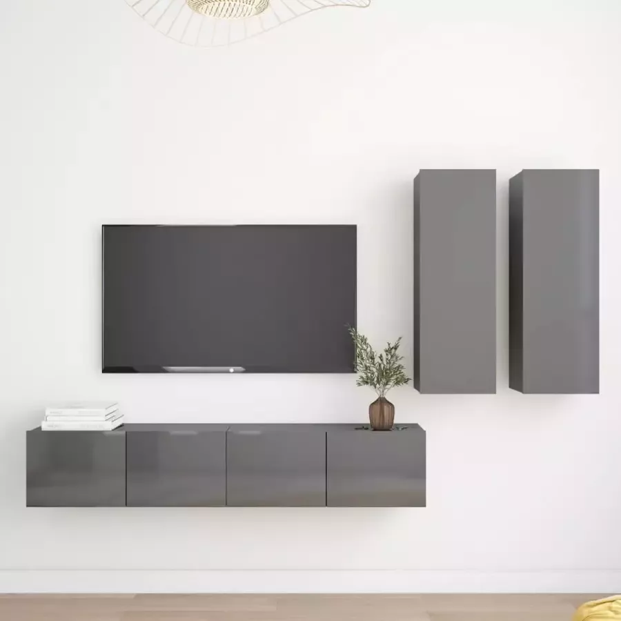 VidaXL 4-delige Tv-meubelset spaanplaat hoogglans grijs - Foto 2