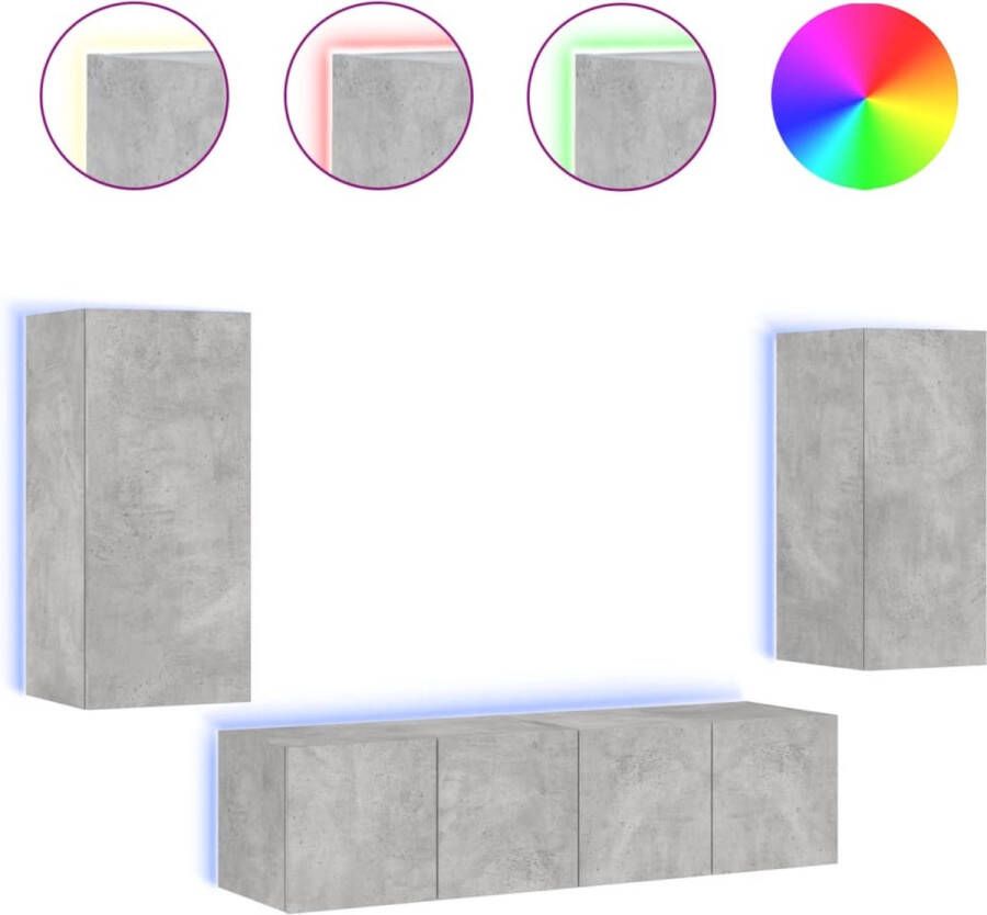 VidaXL -4-delige-Tv-wandmeubelset-met-LED-bewerkt-hout-betongrijs - Foto 2