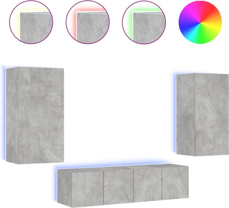 VidaXL -4-delige-Tv-wandmeubelset-met-LED-bewerkt-hout-betongrijs - Foto 2