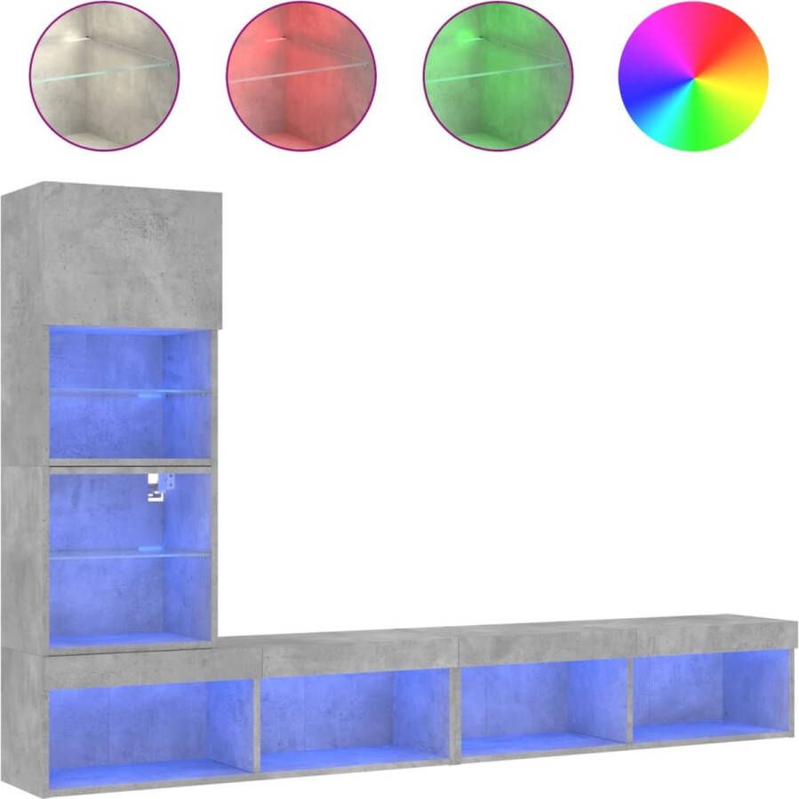 VidaXL -4-delige-Tv-wandmeubelset-met-LED-bewerkt-hout-betongrijs - Foto 2