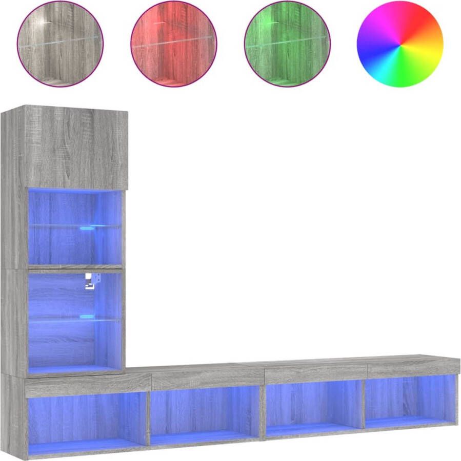 VidaXL -4-delige-Tv-wandmeubelset-met-LED-bewerkt-hout-grijs-sonoma
