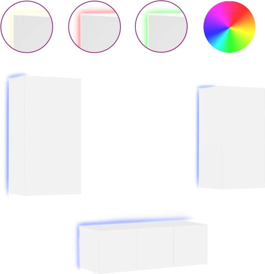 VidaXL -4-delige-Tv-wandmeubelset-met-LED-verlichting-bewerkt-hout-wit - Foto 2