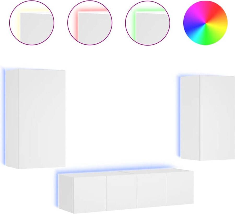 VidaXL -4-delige-Tv-wandmeubelset-met-LED-verlichting-bewerkt-hout-wit - Foto 2