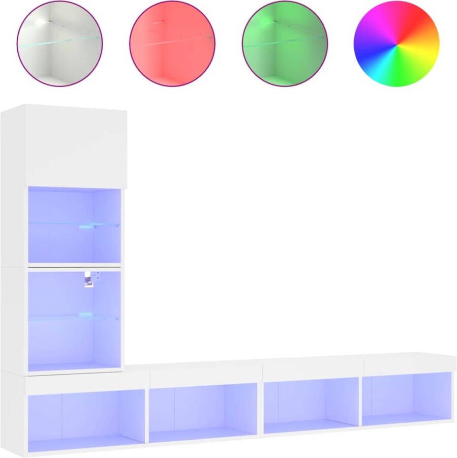 VidaXL -4-delige-Tv-wandmeubelset-met-LED-verlichting-bewerkt-hout-wit - Foto 2