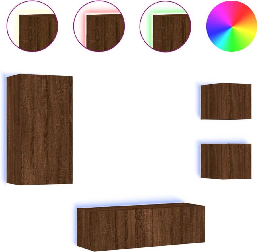 VidaXL -4-delige-tv-wandmeubelset-met-LED-verlichting-bruineikenkleurig - Foto 2