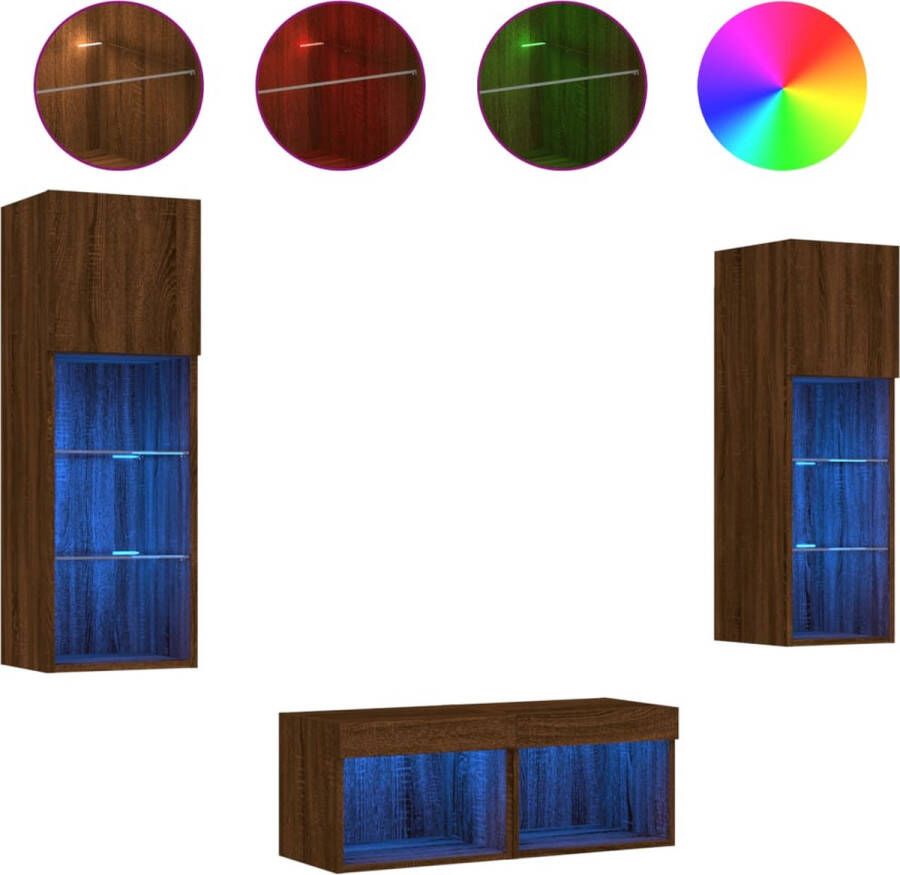 VidaXL -4-delige-tv-wandmeubelset-met-LED-verlichting-bruineikenkleurig - Foto 2