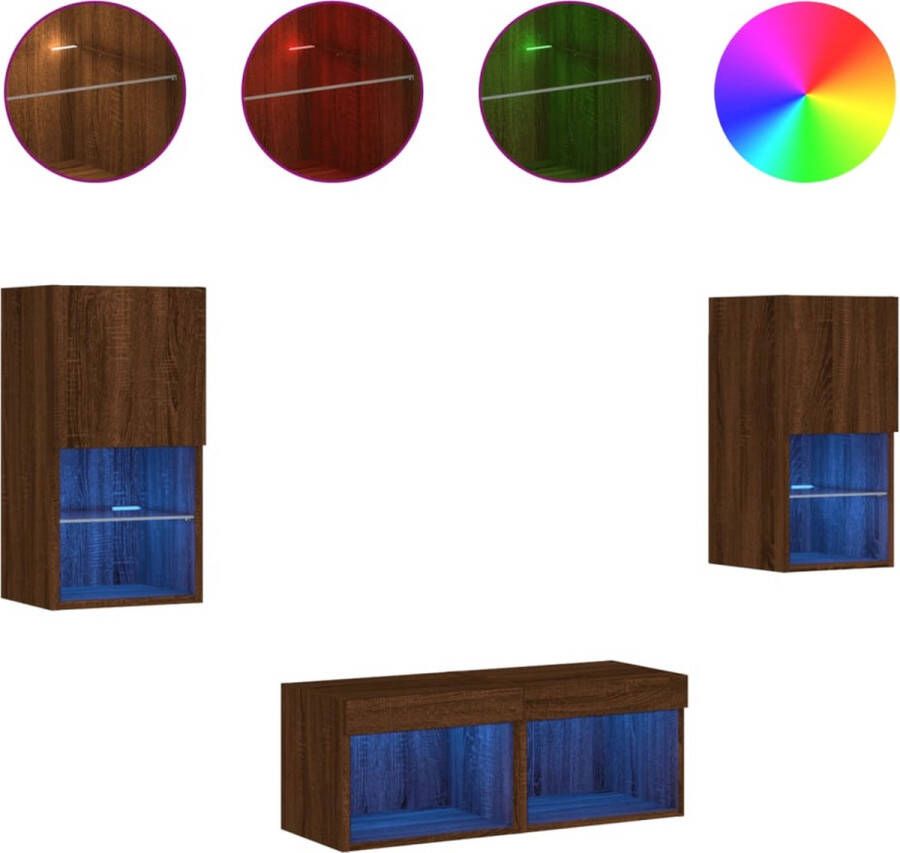 VidaXL -4-delige-tv-wandmeubelset-met-LED-verlichting-bruineikenkleurig - Foto 2