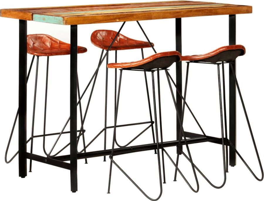VidaXL Barset 5-delig Gerecycled hout & leer Bartafel Vintage Industrieel Houten Bartafel Industriele Meubels Barstoel Leder Eetkamerstoel - Foto 2