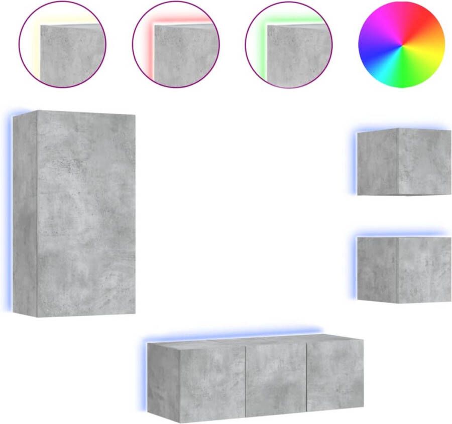 VidaXL -5-delige-Tv-wandmeubelset-met-LED-bewerkt-hout-betongrijs - Foto 2