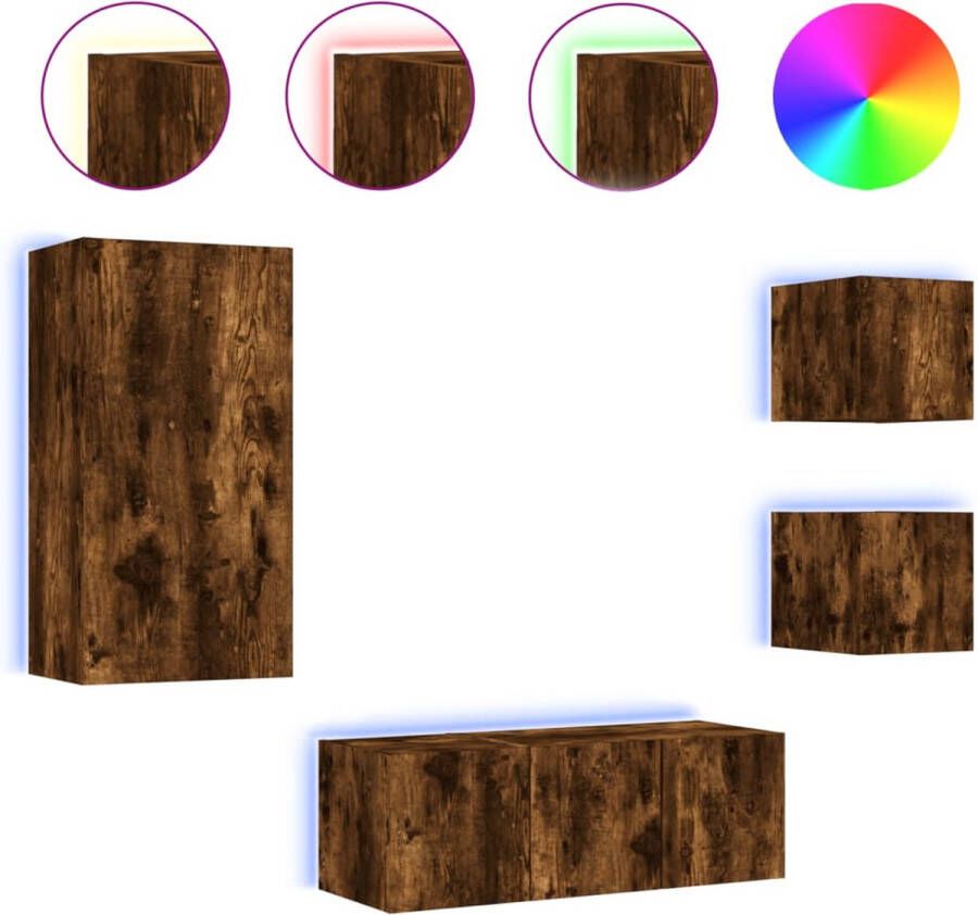 VidaXL -5-delige-tv-wandmeubelset-met-LED-bewerkt-hout-gerookt-eiken - Foto 2