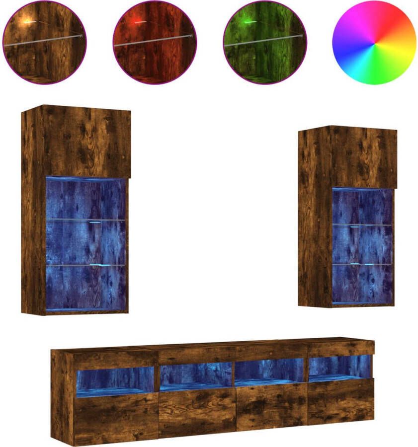 VidaXL -5-delige-tv-wandmeubelset-met-LED-bewerkt-hout-gerookt-eiken - Foto 2