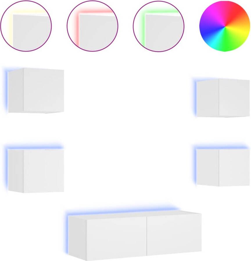 VidaXL TV-wandmeubelset 5-delig Wit Incl. LED Tv-kast Tv-meubel Wandmontage Led Verlichting Opbergruimte