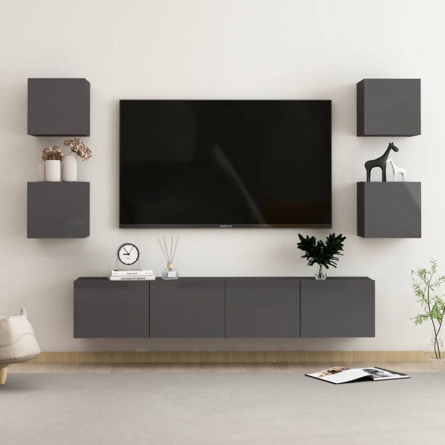 VidaXL -6-delige-Tv-meubelset-spaanplaat-hoogglans-grijs - Foto 1