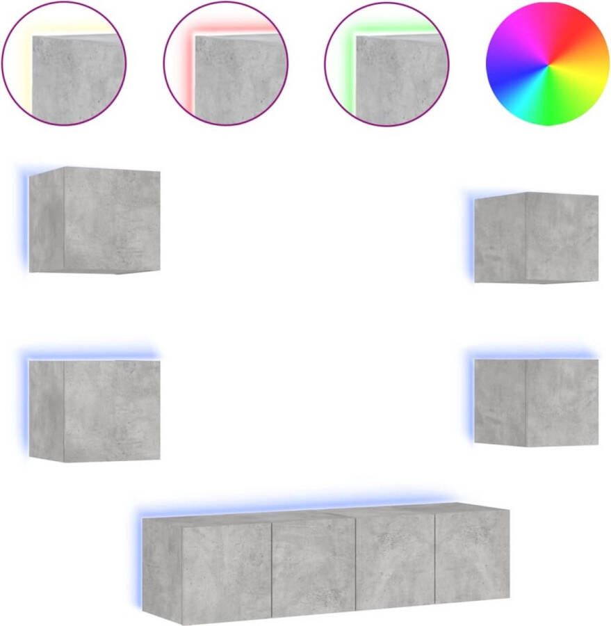 VidaXL -6-delige-Tv-wandmeubelset-met-LED-bewerkt-hout-betongrijs - Foto 2