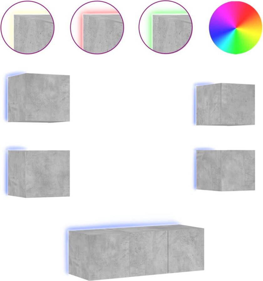 VidaXL -6-delige-Tv-wandmeubelset-met-LED-bewerkt-hout-betongrijs - Foto 2