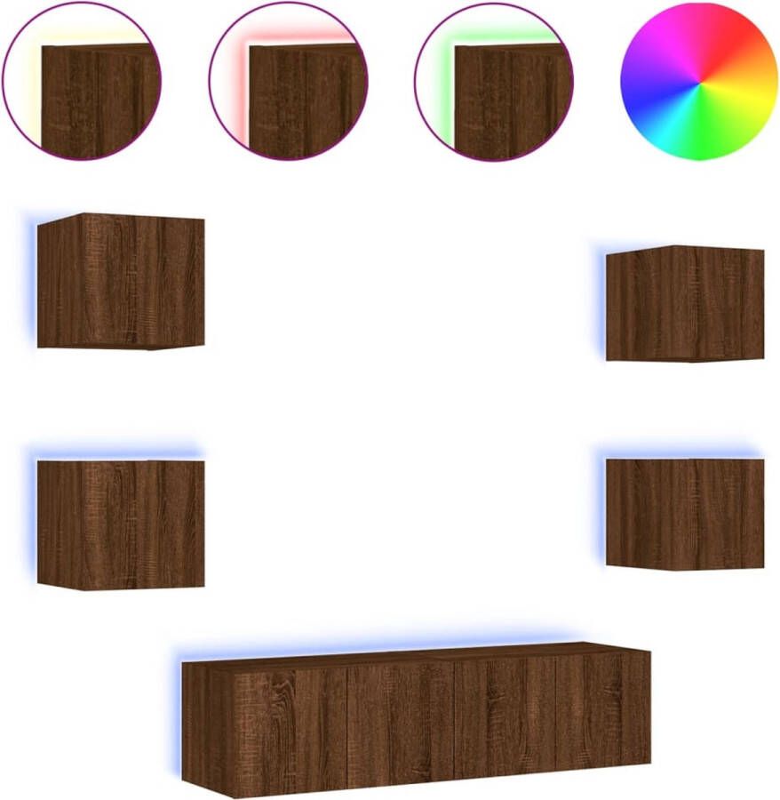 VidaXL -6-delige-Tv-wandmeubelset-met-LED-bewerkt-hout-bruineikenkleur - Foto 2