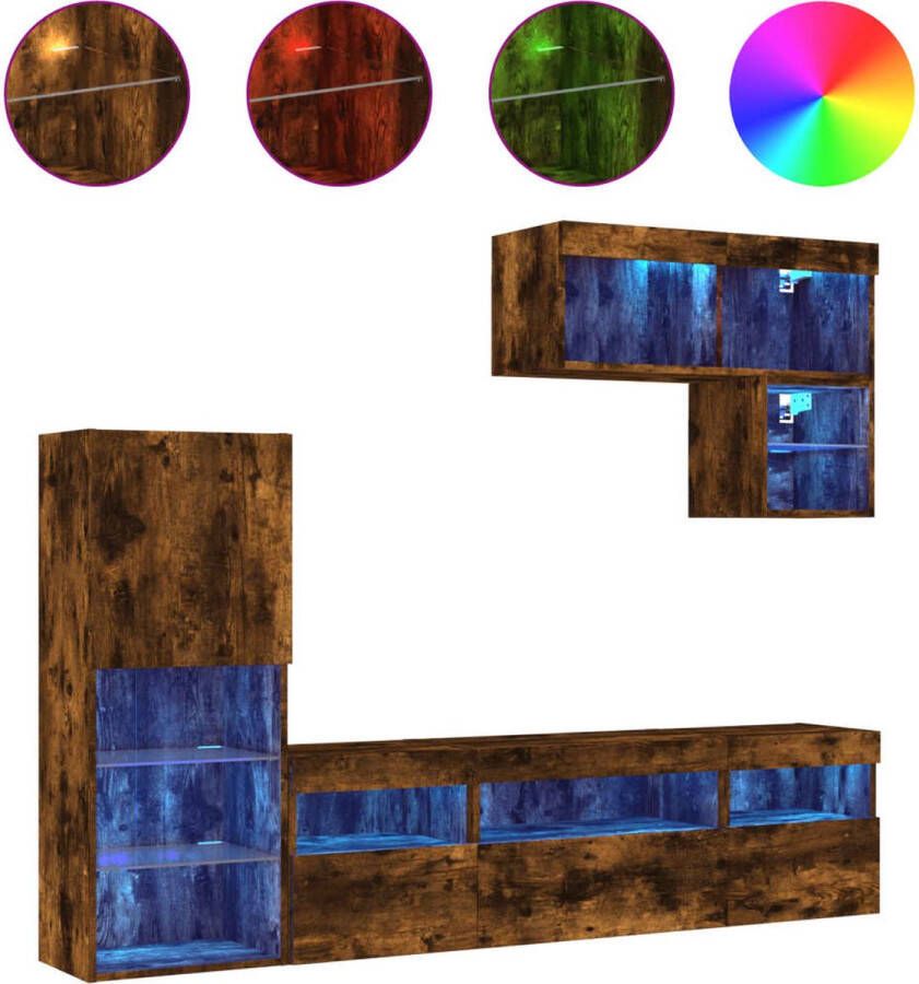 VidaXL -6-delige-tv-wandmeubelset-met-LED-bewerkt-hout-gerookt-eiken