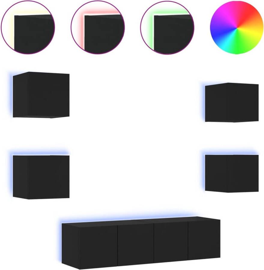 VidaXL -6-delige-Tv-wandmeubelset-met-LED-bewerkt-hout-zwart - Foto 2