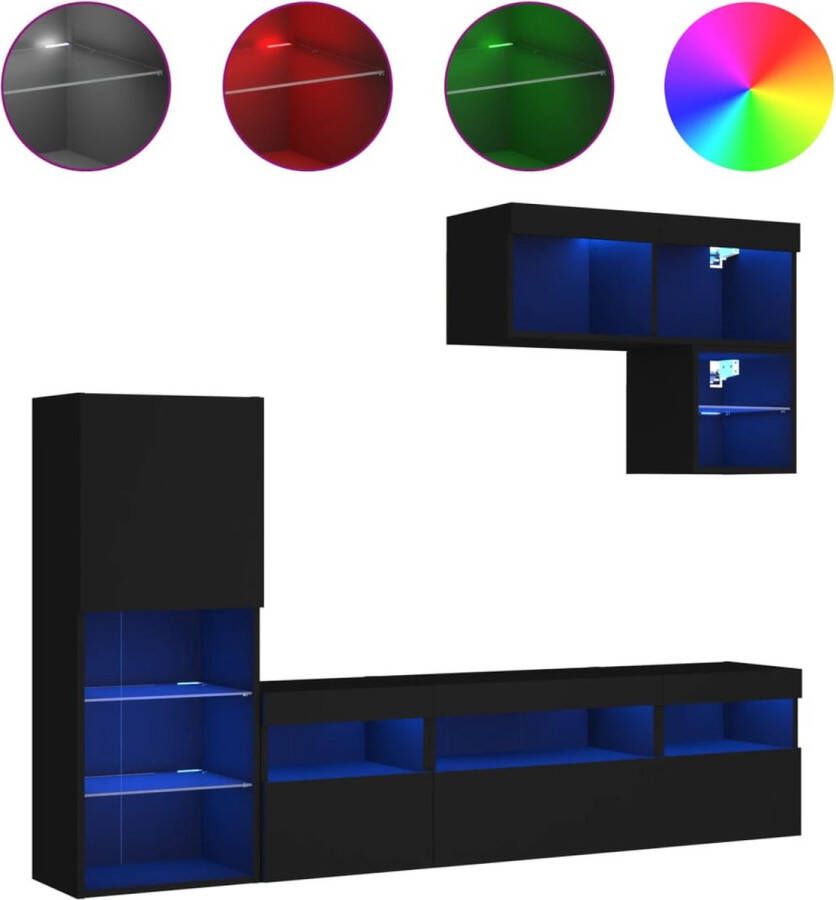 VidaXL -6-delige-Tv-wandmeubelset-met-LED-bewerkt-hout-zwart