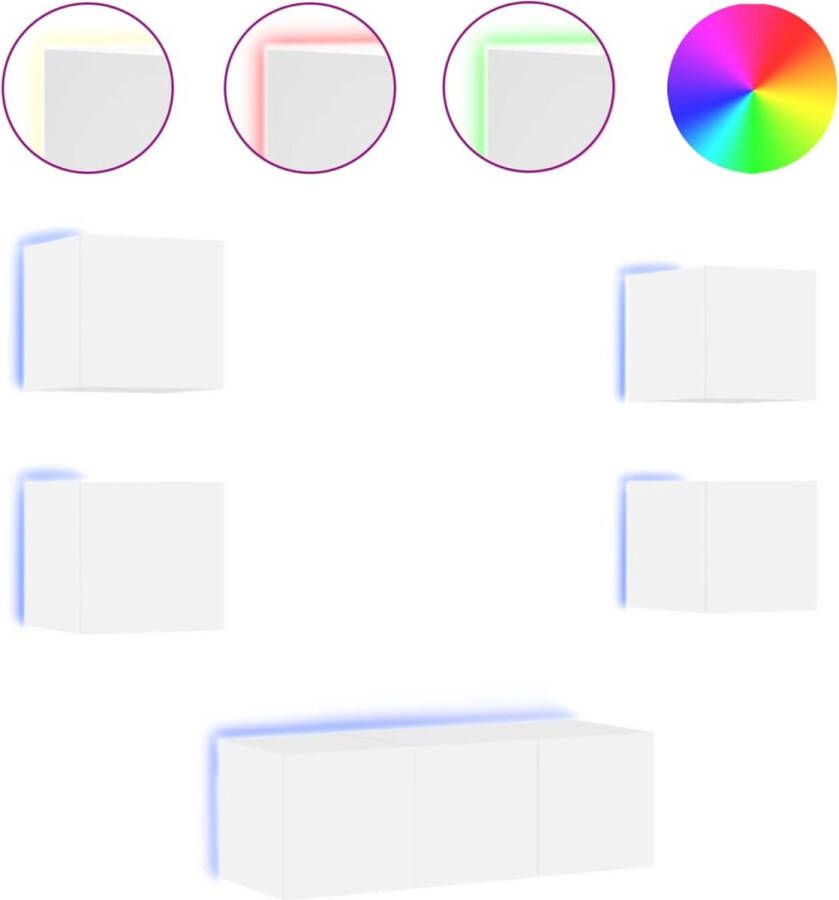 VidaXL -6-delige-Tv-wandmeubelset-met-LED-verlichting-bewerkt-hout-wit - Foto 2