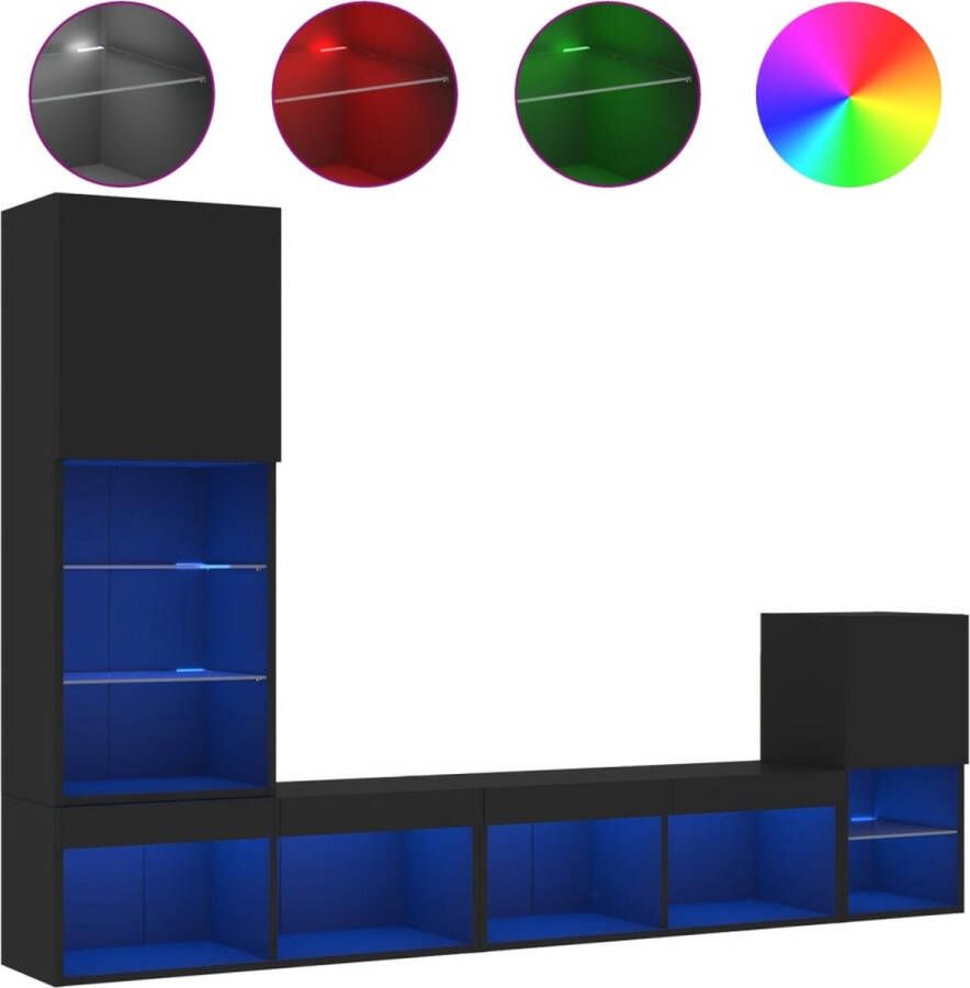 VidaXL -7-delige-tv-wandmeubelset-met-LED-bewerkt-hout-zwart