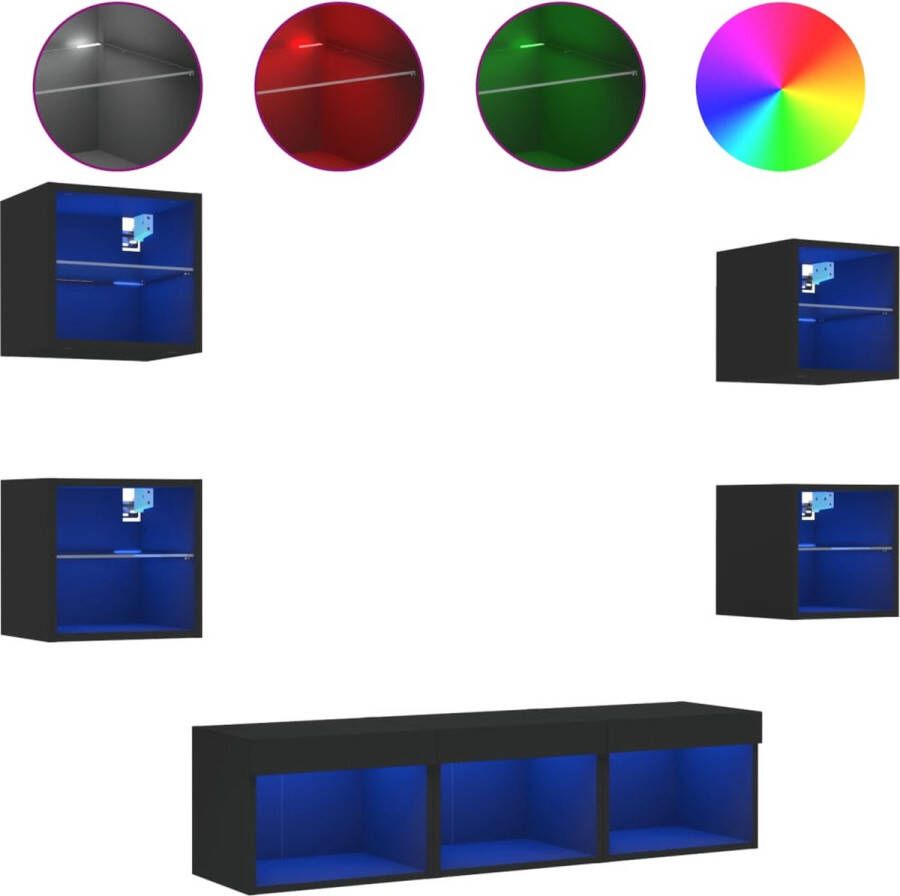 VidaXL TV-wandmeubelset 7-delig Zwart LED Tv Meubel Tv Kast Wandkast Hout Meubilair Led Verlichting